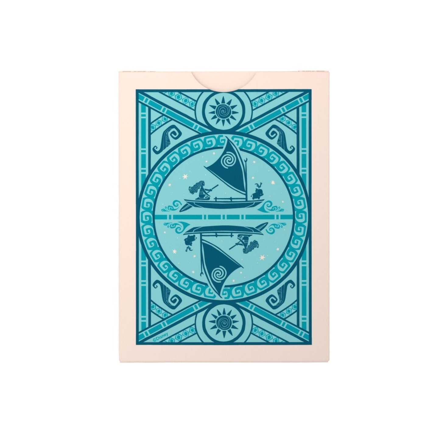Decorative card with blue geometric design and sailboat illustration on a beige border.