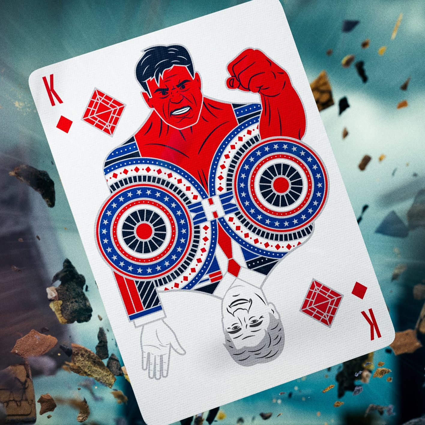 Playing card with a superhero design on a chaotic background
