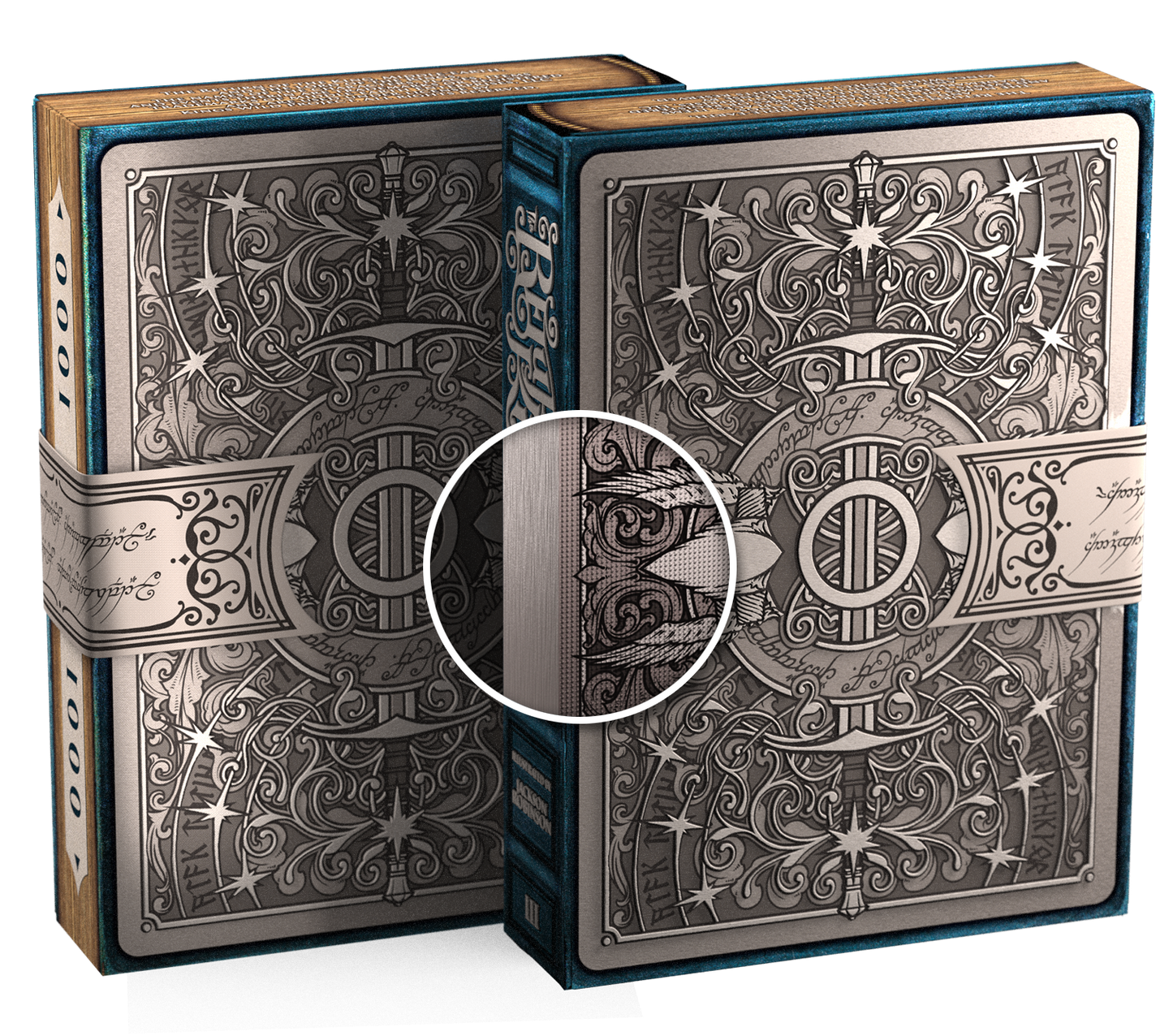 Two playing card boxes with intricate designs on a white background