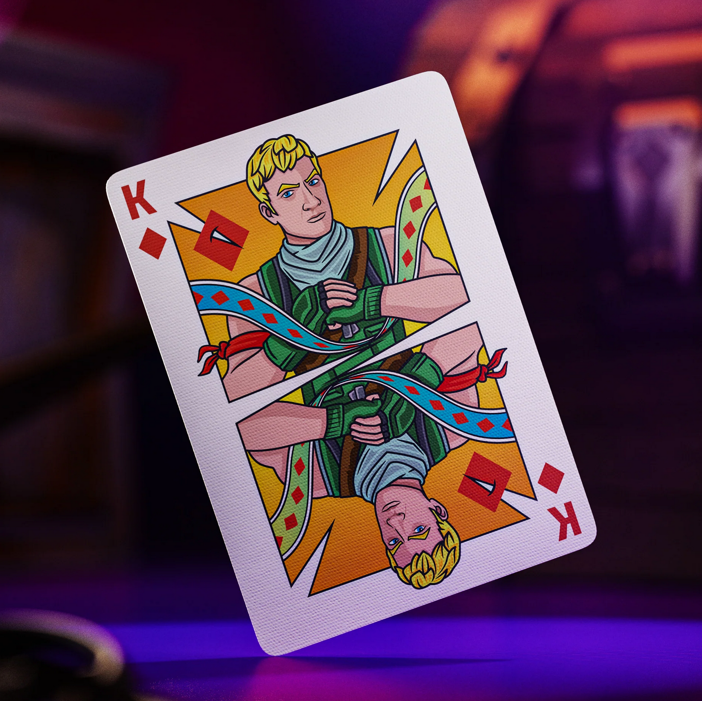 Playing card with a king of diamonds design on a dark background