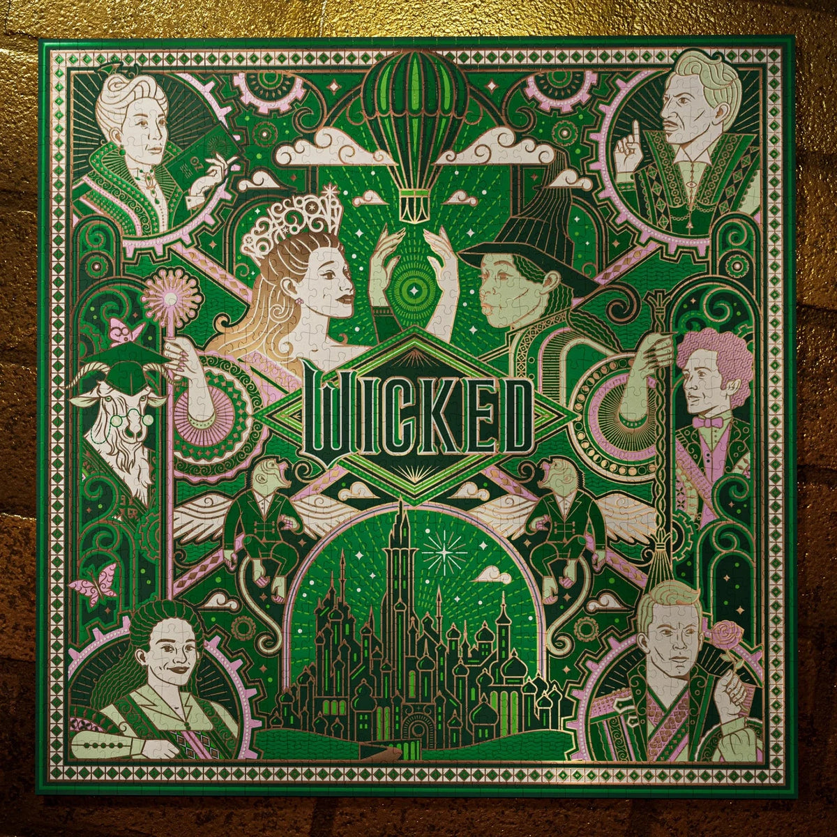 Decorative puzzle for 'Wicked' with intricate designs on a brick wall background