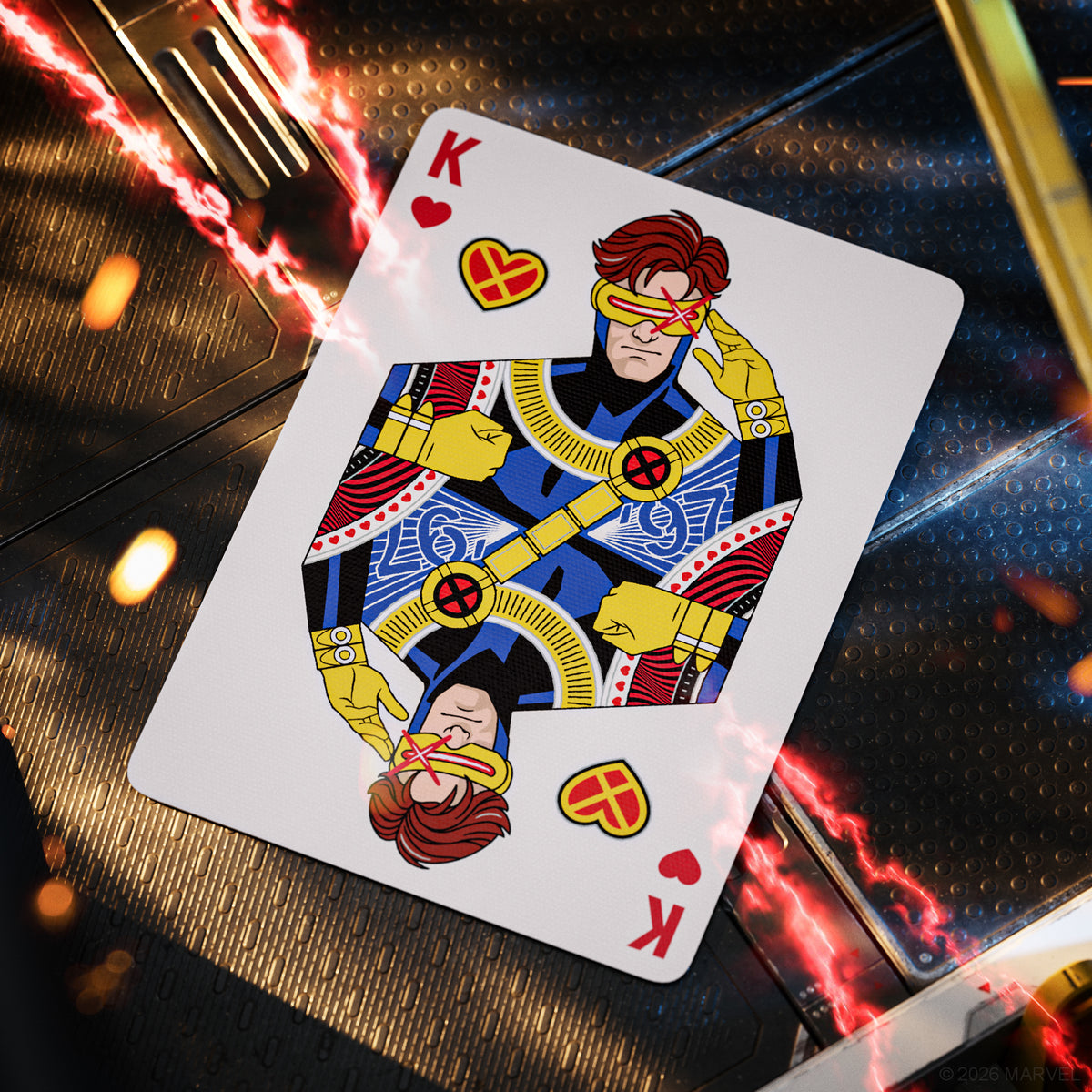 A stylized X-Men themed playing card featuring Cyclops, shown upside down on a dark metallic surface with dramatic red lightning effects.