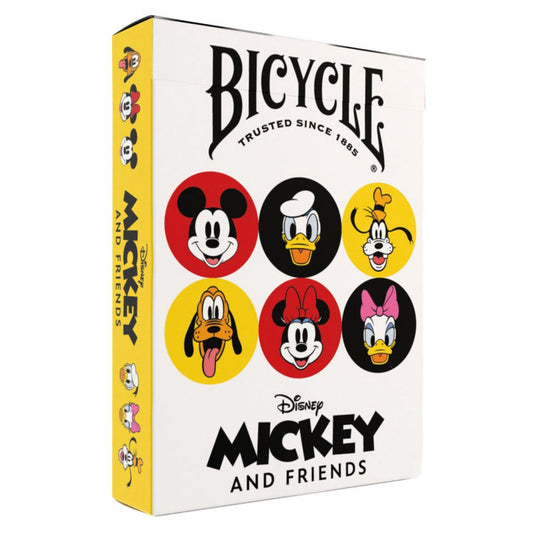 Bicycle card deck packaging featuring Disney Mickey and Friends characters on a white background
