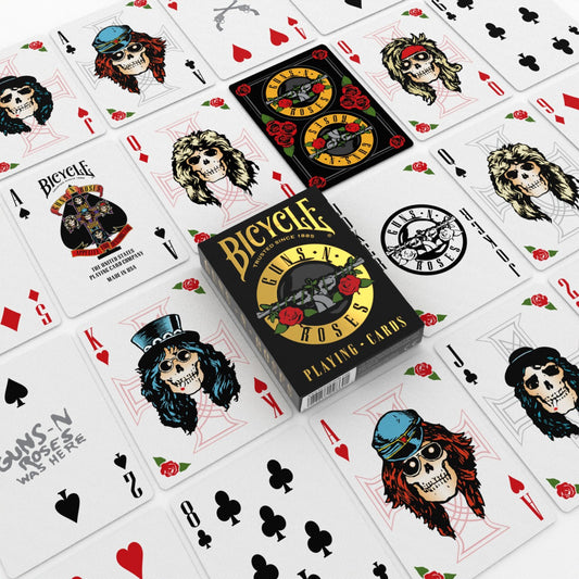 Bicycle Guns N' Roses playing cards with deck and cards displayed.