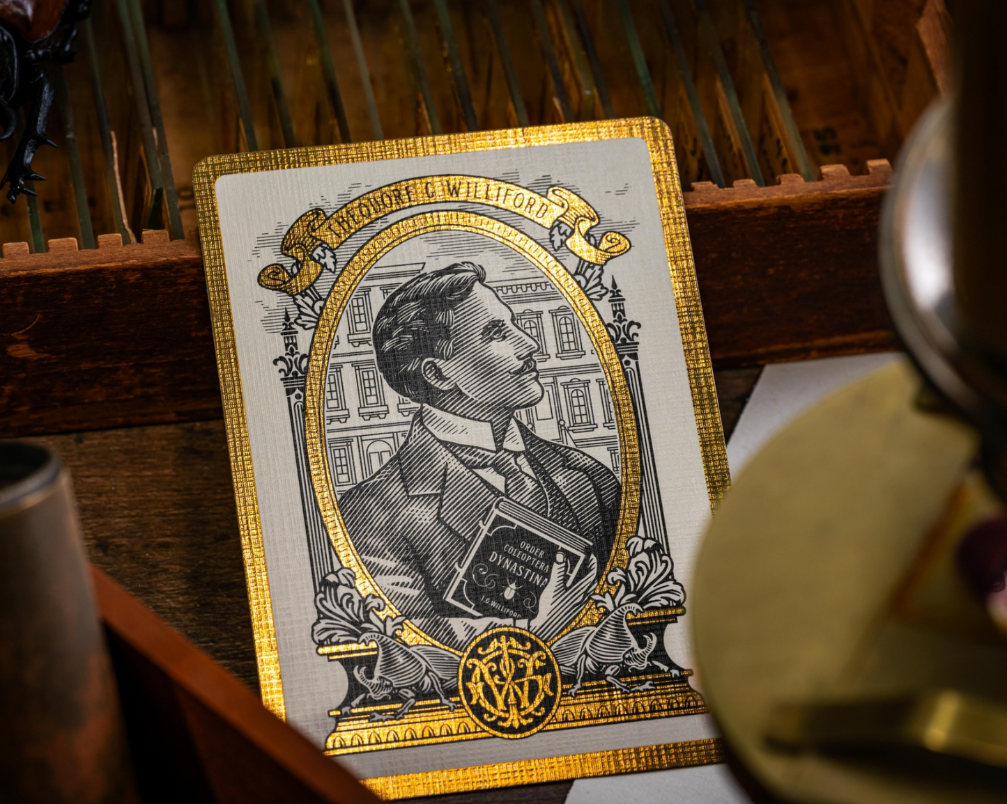 Vintage-style playing card with a portrait on a wooden surface