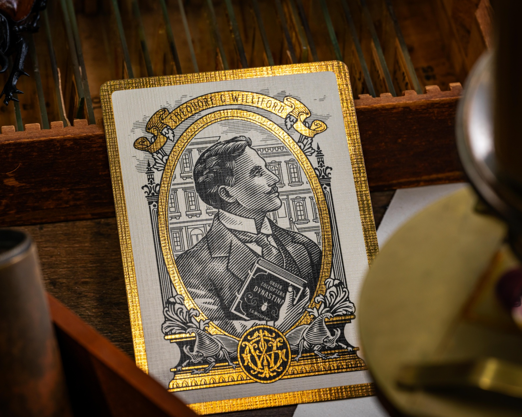 Vintage-style playing card with a portrait on a wooden surface