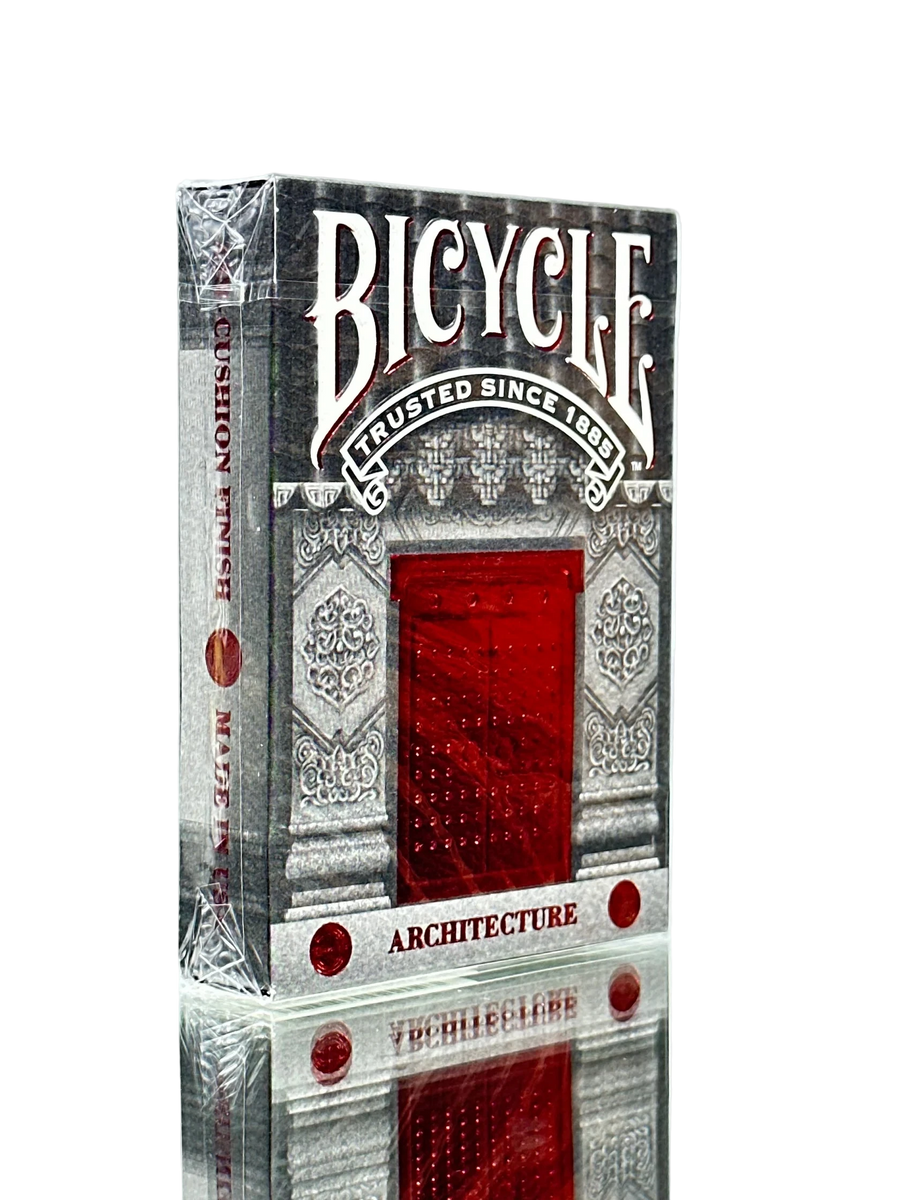 Bicycle Architecture playing card box with red and silver design on a light gray background