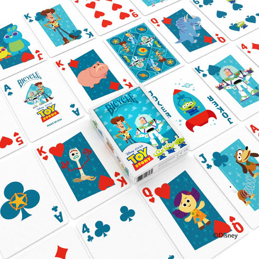 Toy Story themed playing cards with character illustrations on a white background