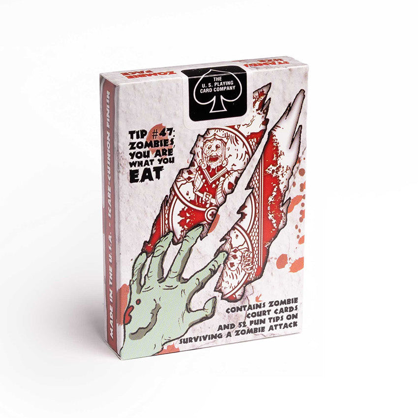 Playing card box with zombie design and text on a white background