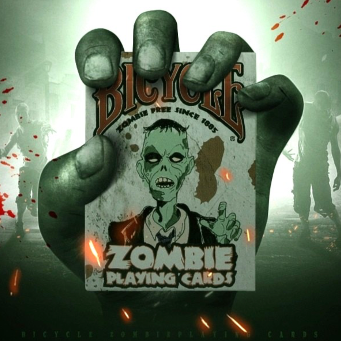 Zombie-themed playing cards held by a hand with a zombie background