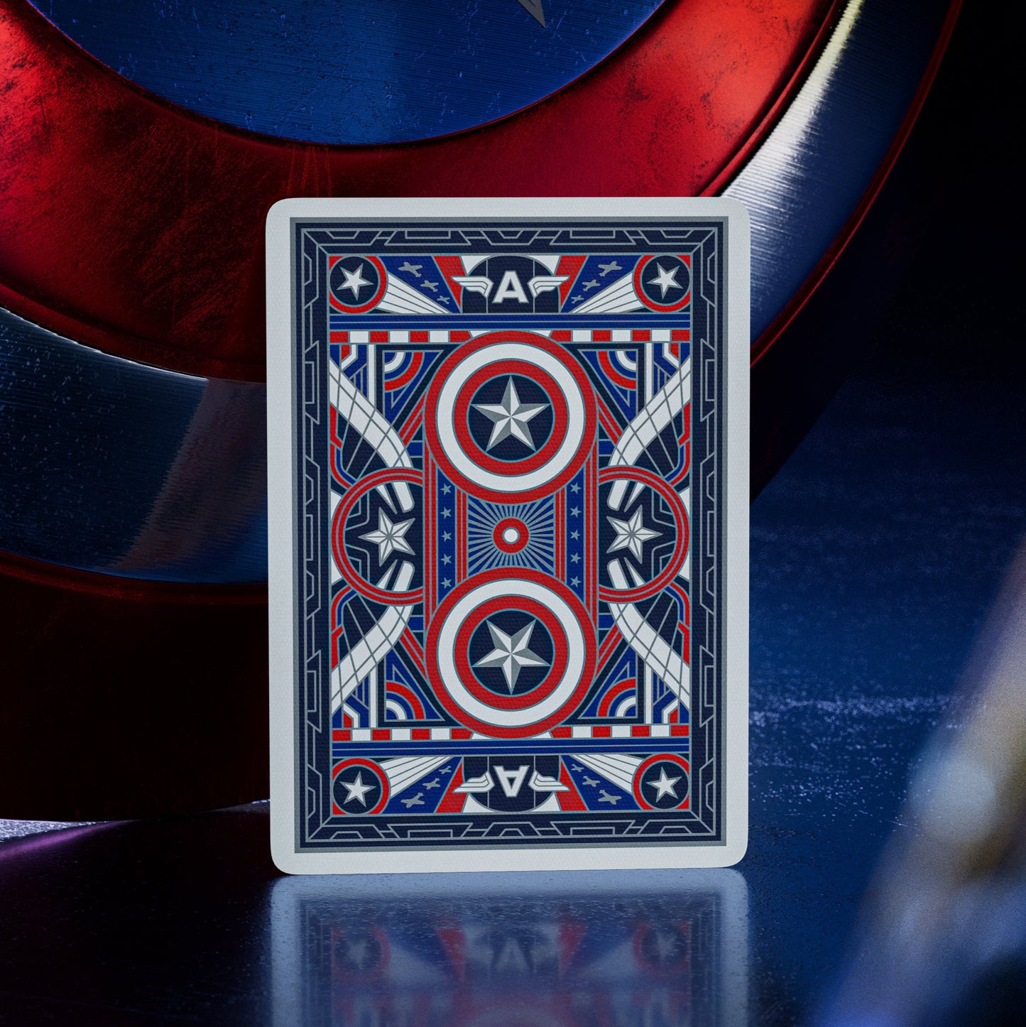 Playing card with Captain America shield design in front of a shield