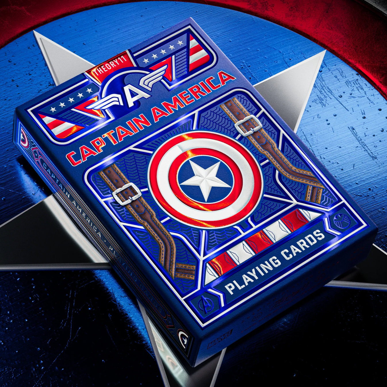 Captain America playing cards with shield design on a blue and red background