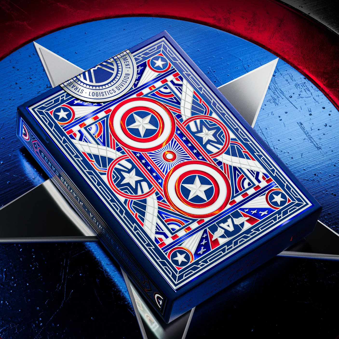Playing cards with a geometric design on a blue and red background