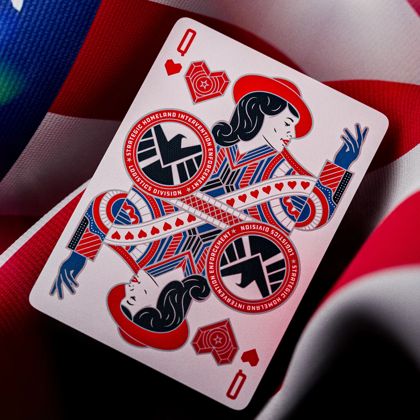 Playing card with a stylized design on a colorful background