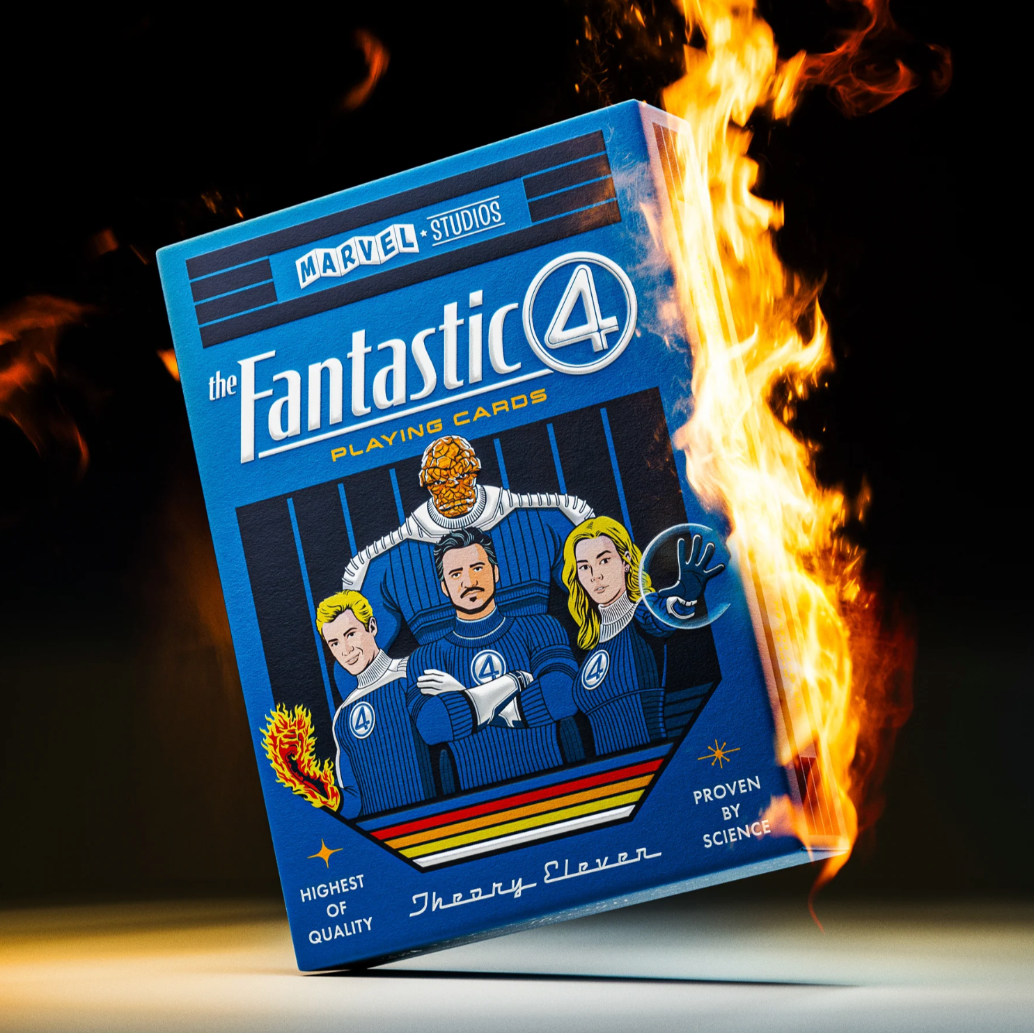 Marvel Fantastic 4 playing cards box on fire with a dark background