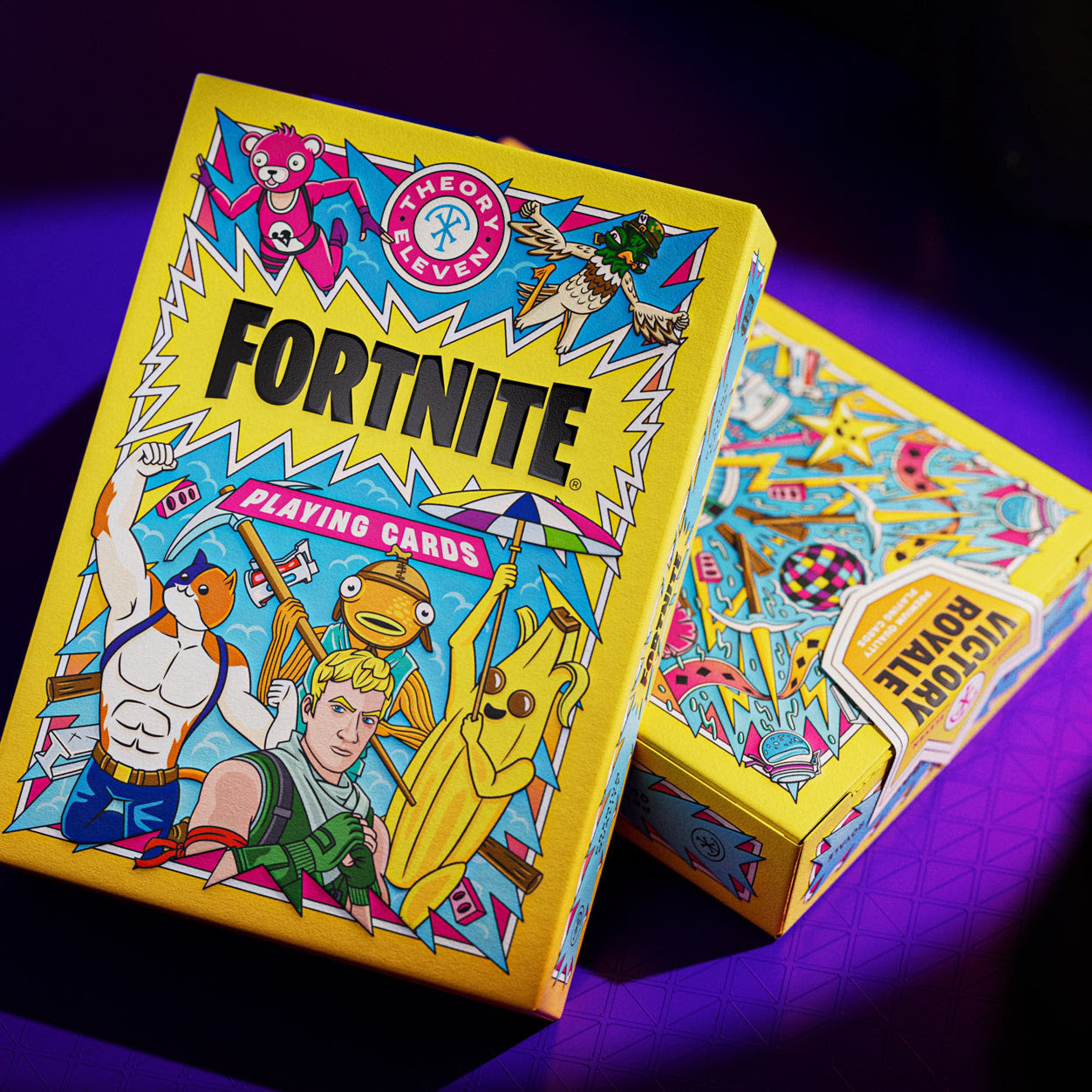 Fortnite playing cards with colorful artwork on a purple background