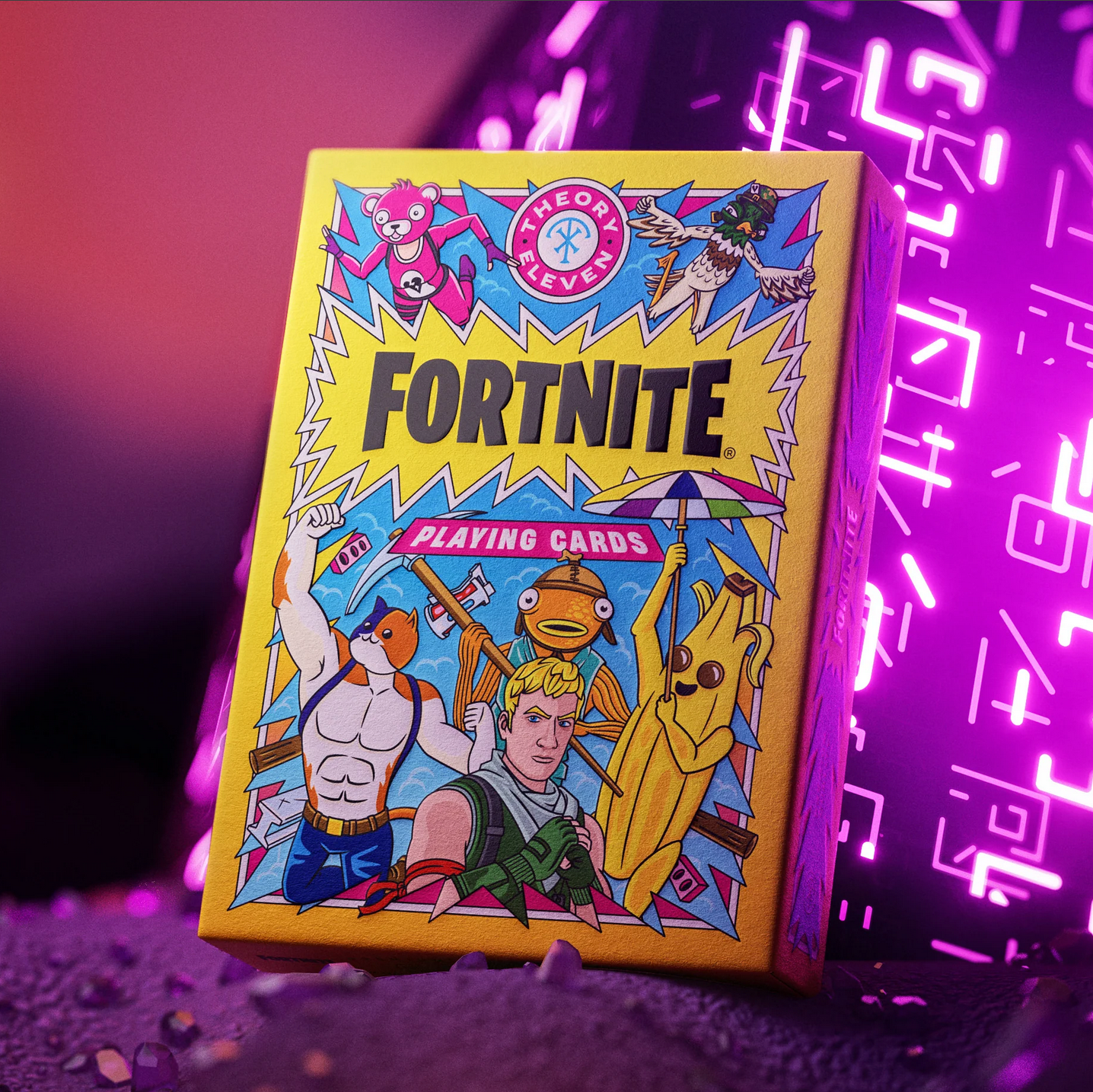 Fortnite playing cards box with colorful characters on a purple background