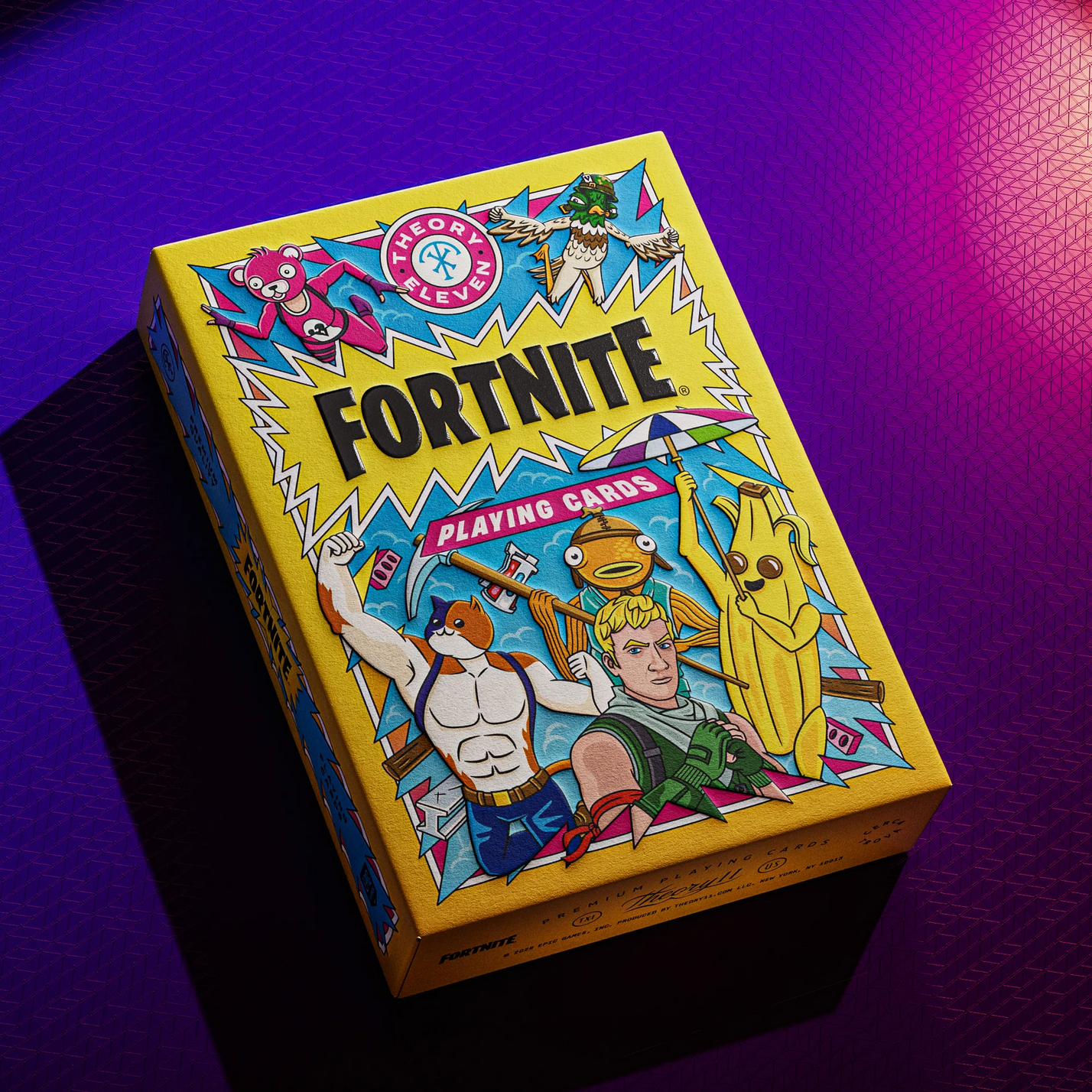 Fortnite playing cards by theory11 box on a purple background