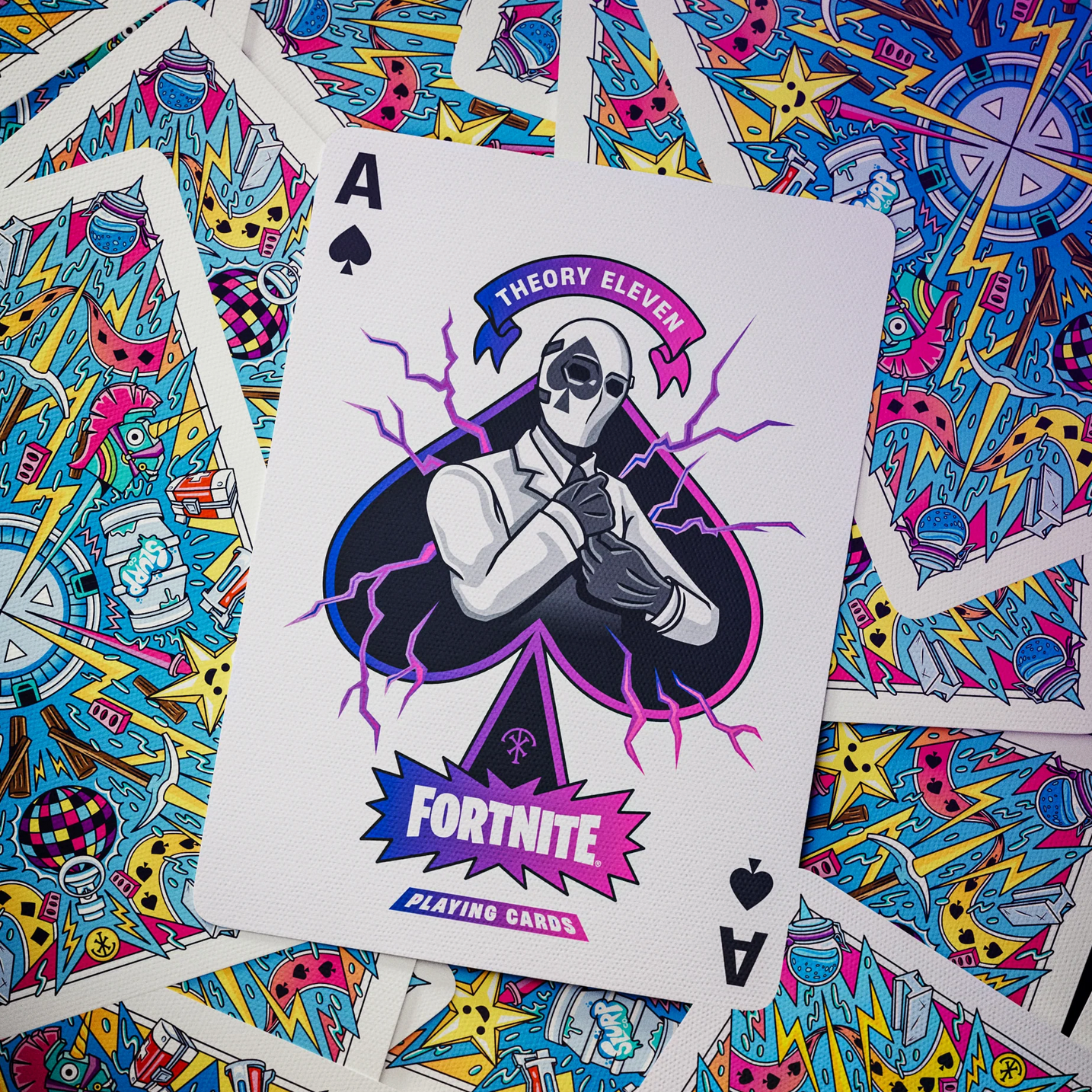 Fortnite Playing card with a character design on a colorful patterned background