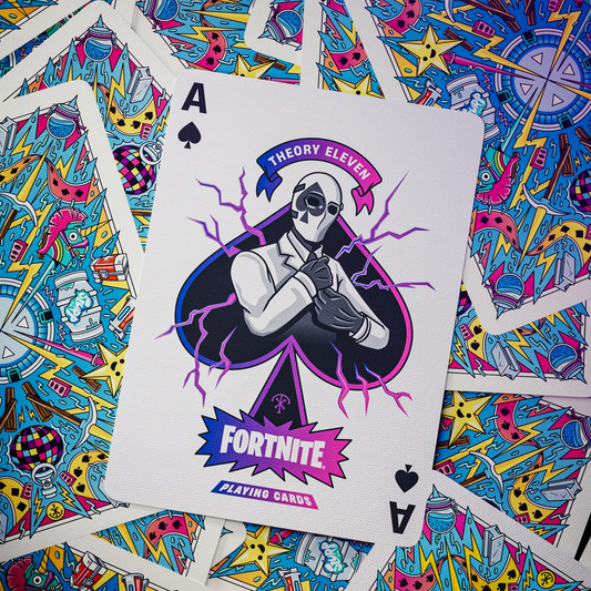 Fortnite Playing card with a character design on a colorful patterned background