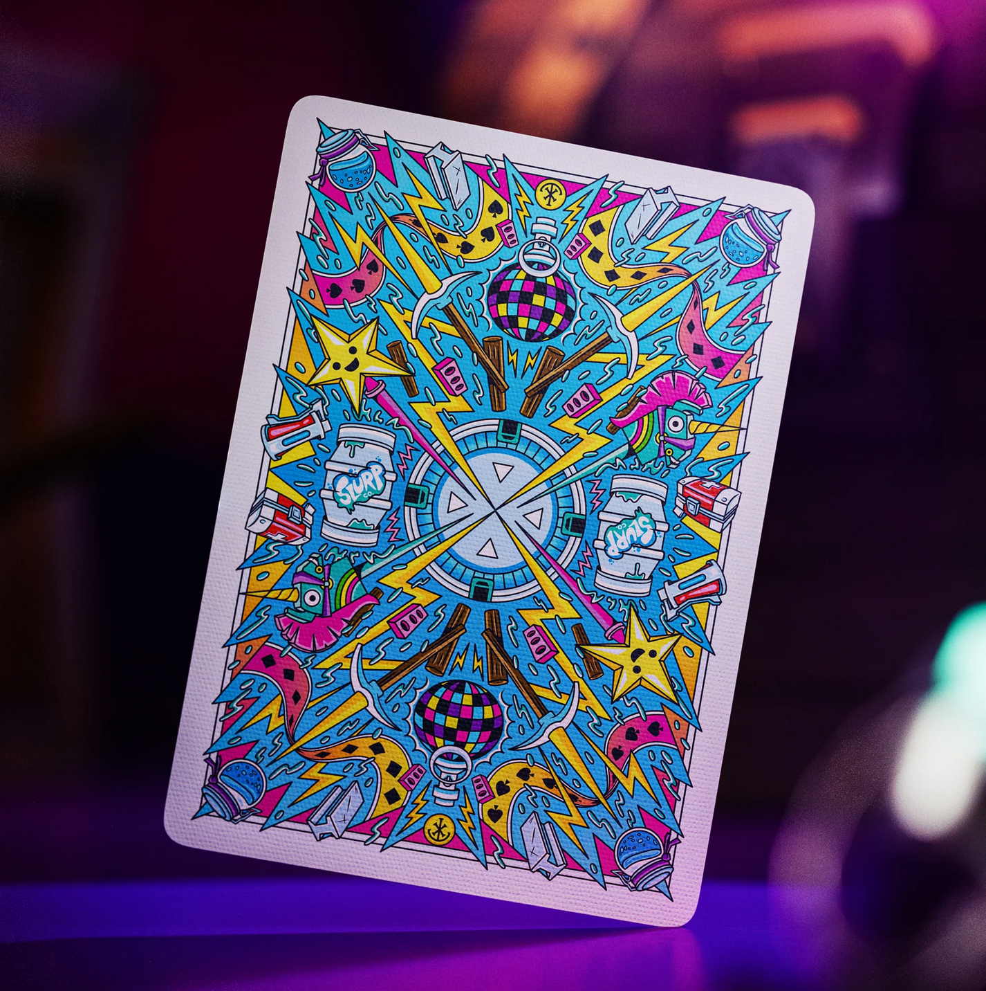 Fortnite Colorful playing card with intricate design on a dark background