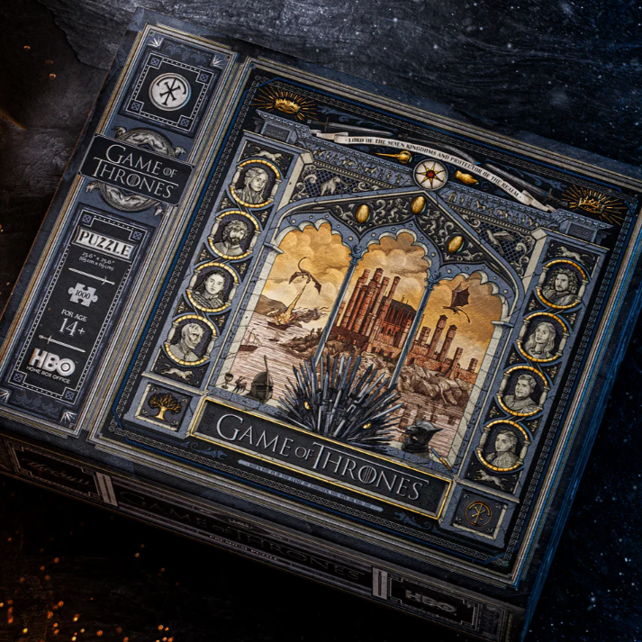 Game of Thrones puzzle box with intricate design and branding on a dark background