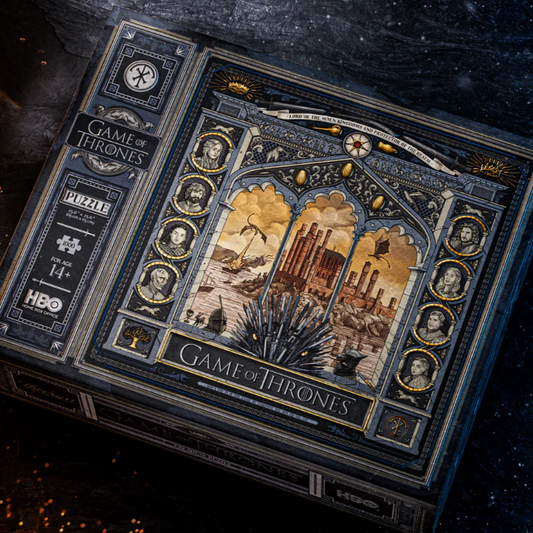 Game of Thrones puzzle box with intricate design and branding on a dark background