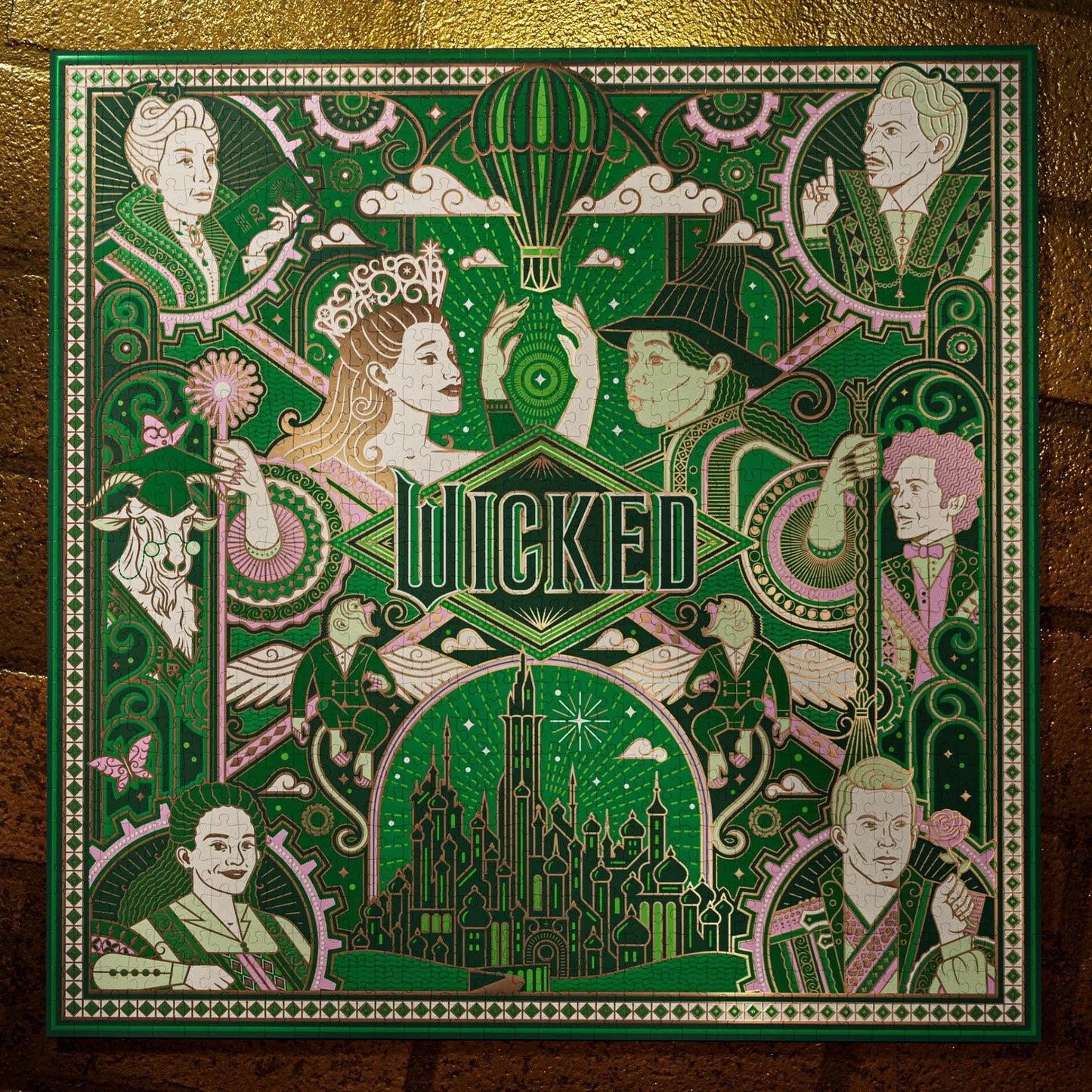 Decorative puzzle for 'Wicked' with intricate designs on a brick wall background