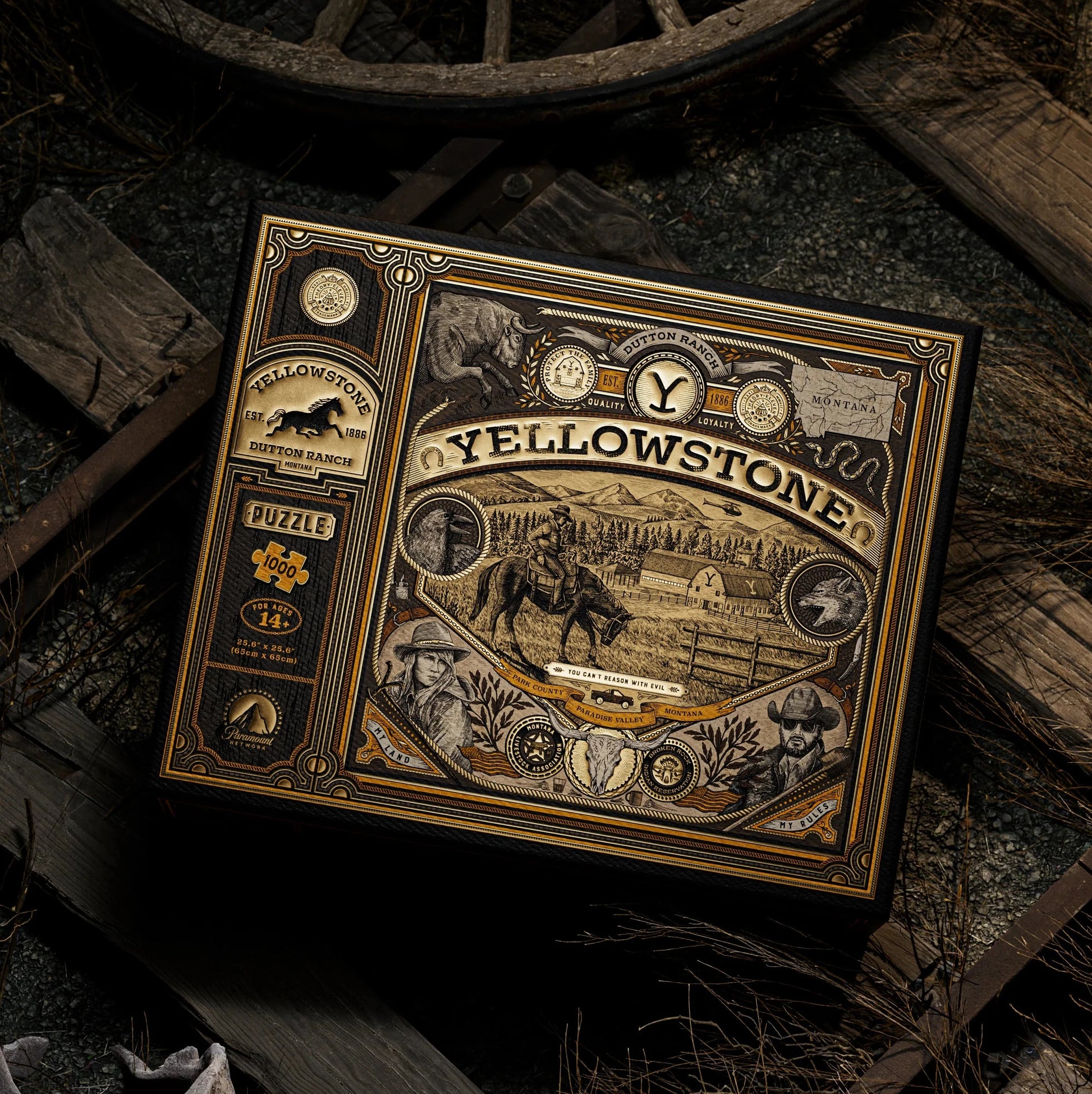 Yellowstone branded product packaging on a rustic background with wooden planks and a wheel.