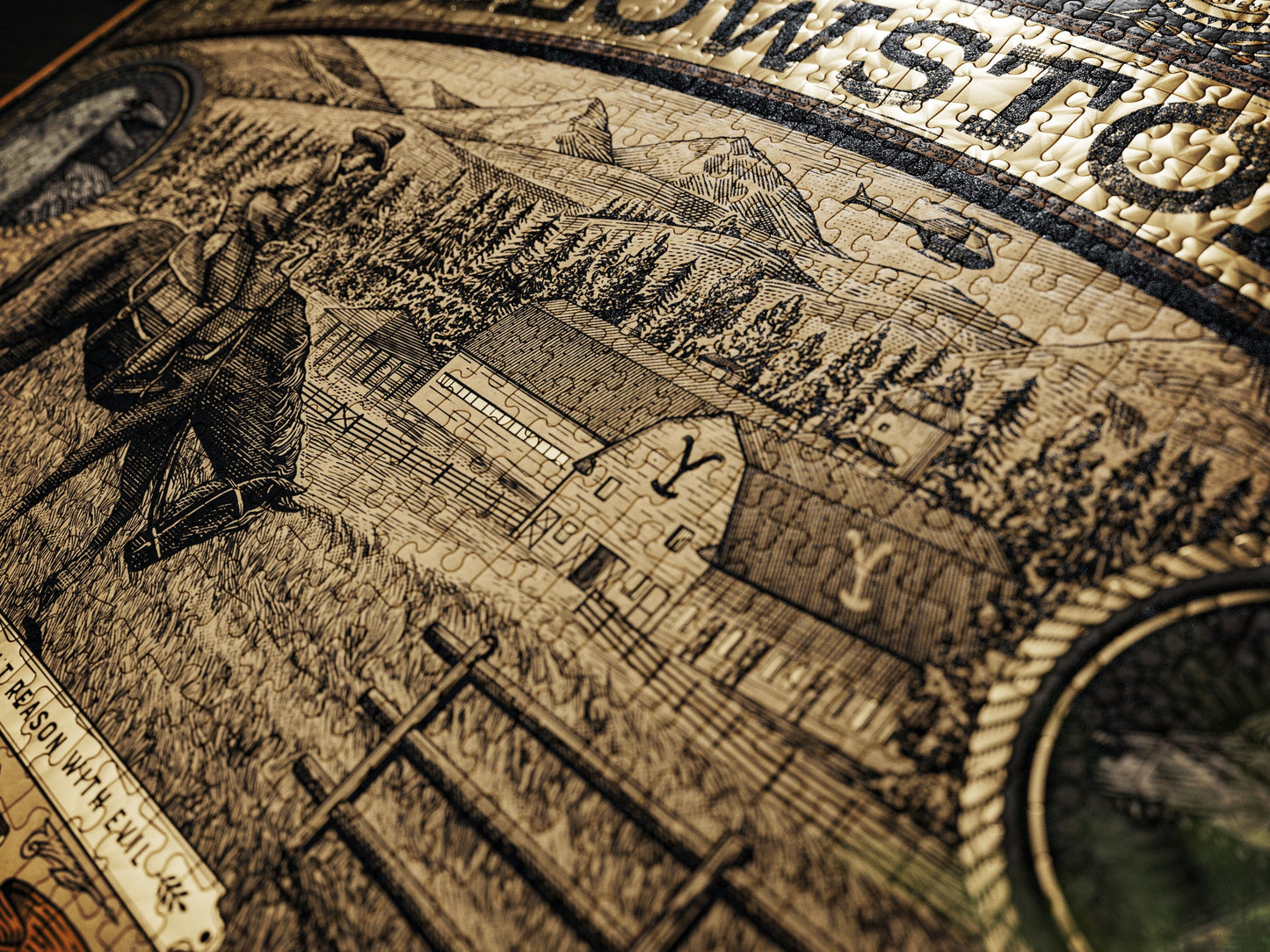 Close-up of an engraved map with a building and person illustration, featuring the word 'HOWSTON'.