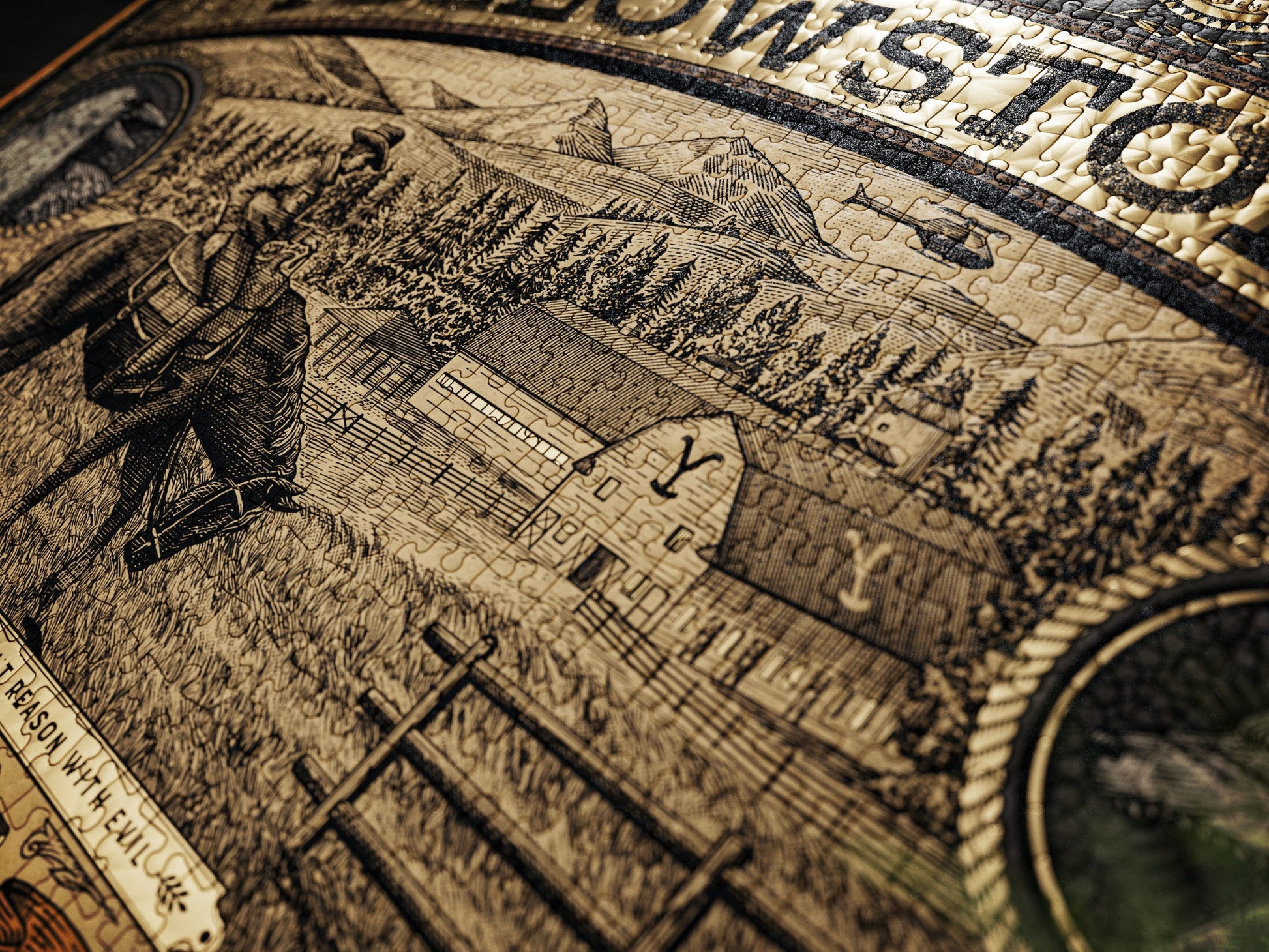 Close-up of an engraved map with a building and person illustration, featuring the word 'HOWSTON'.