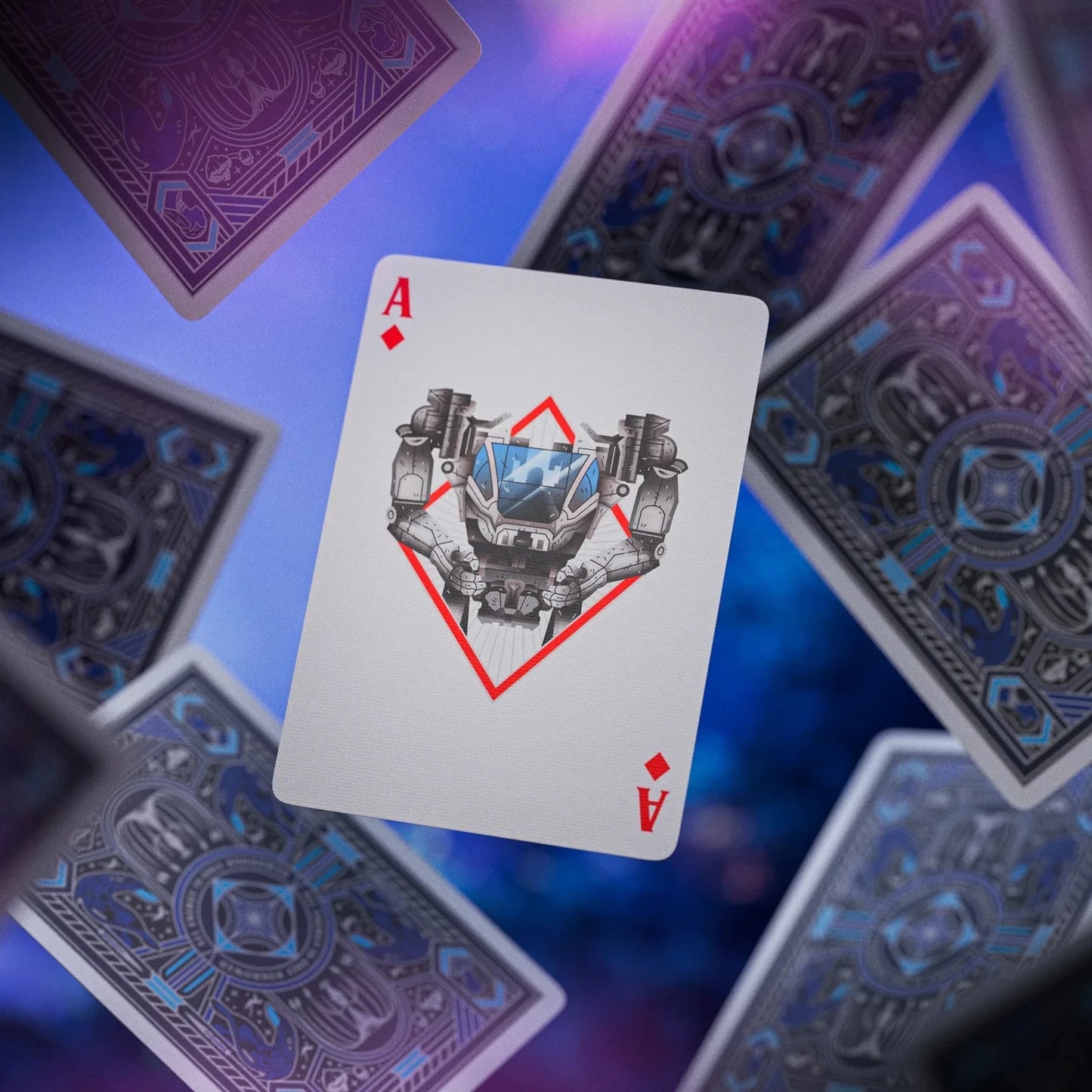 Playing card with a unique design on a blurred background of other playing cards