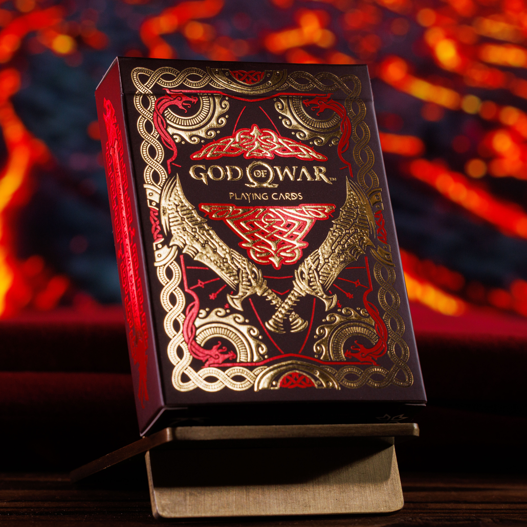 Witcher playing cards featuring a luxury embossed tuck box with red and silver foil accents