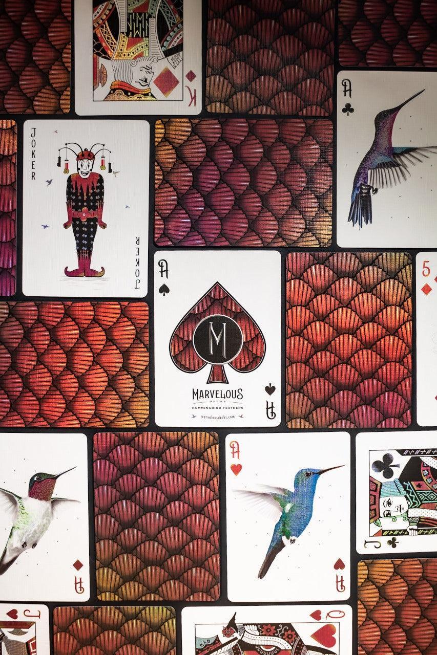Red Marvelous Hummingbird Feathers Playing Cards Playing Cards by Marvelous Decks Playing Cards